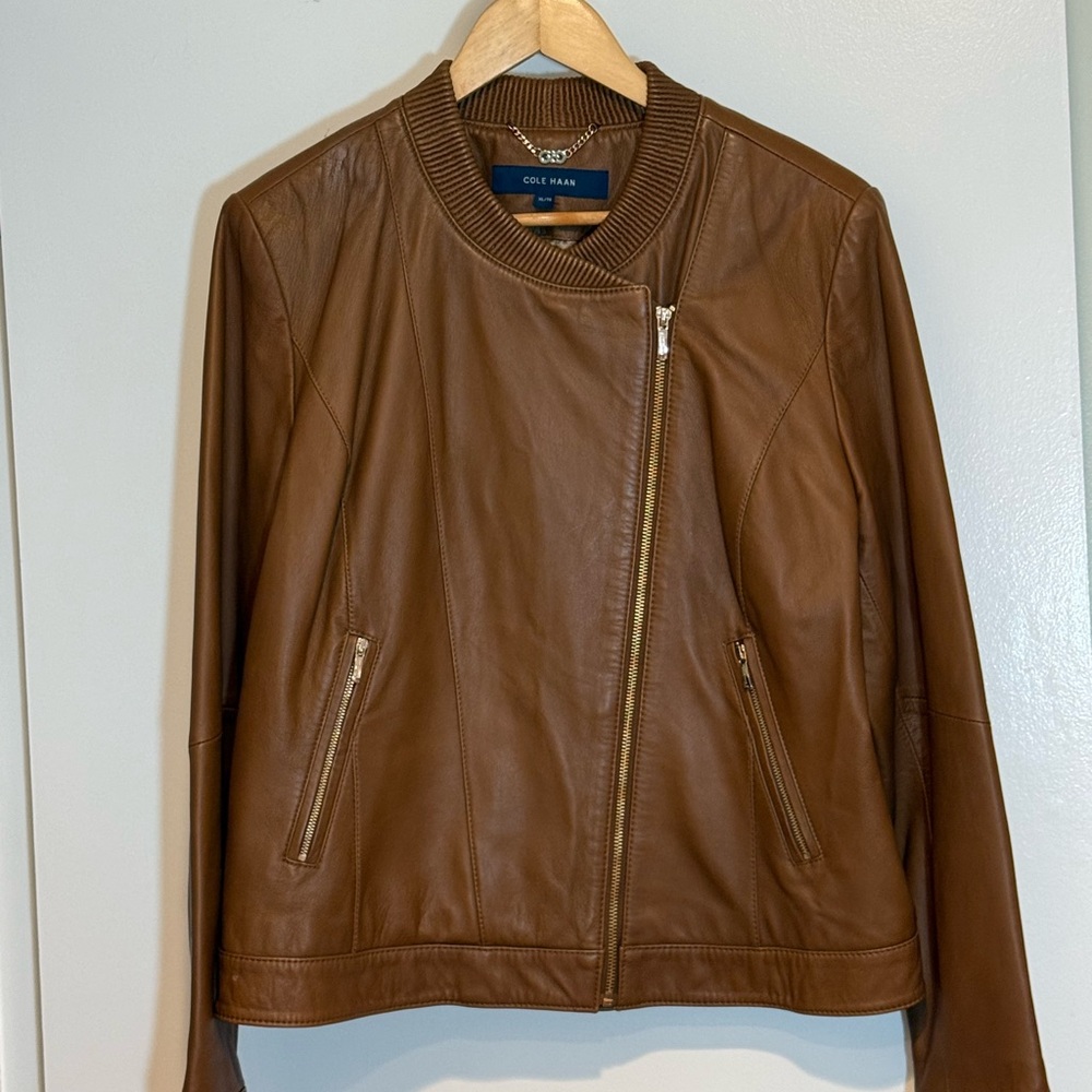 Cole Haan Chestnut Brown Leather Zip-Front Jacket